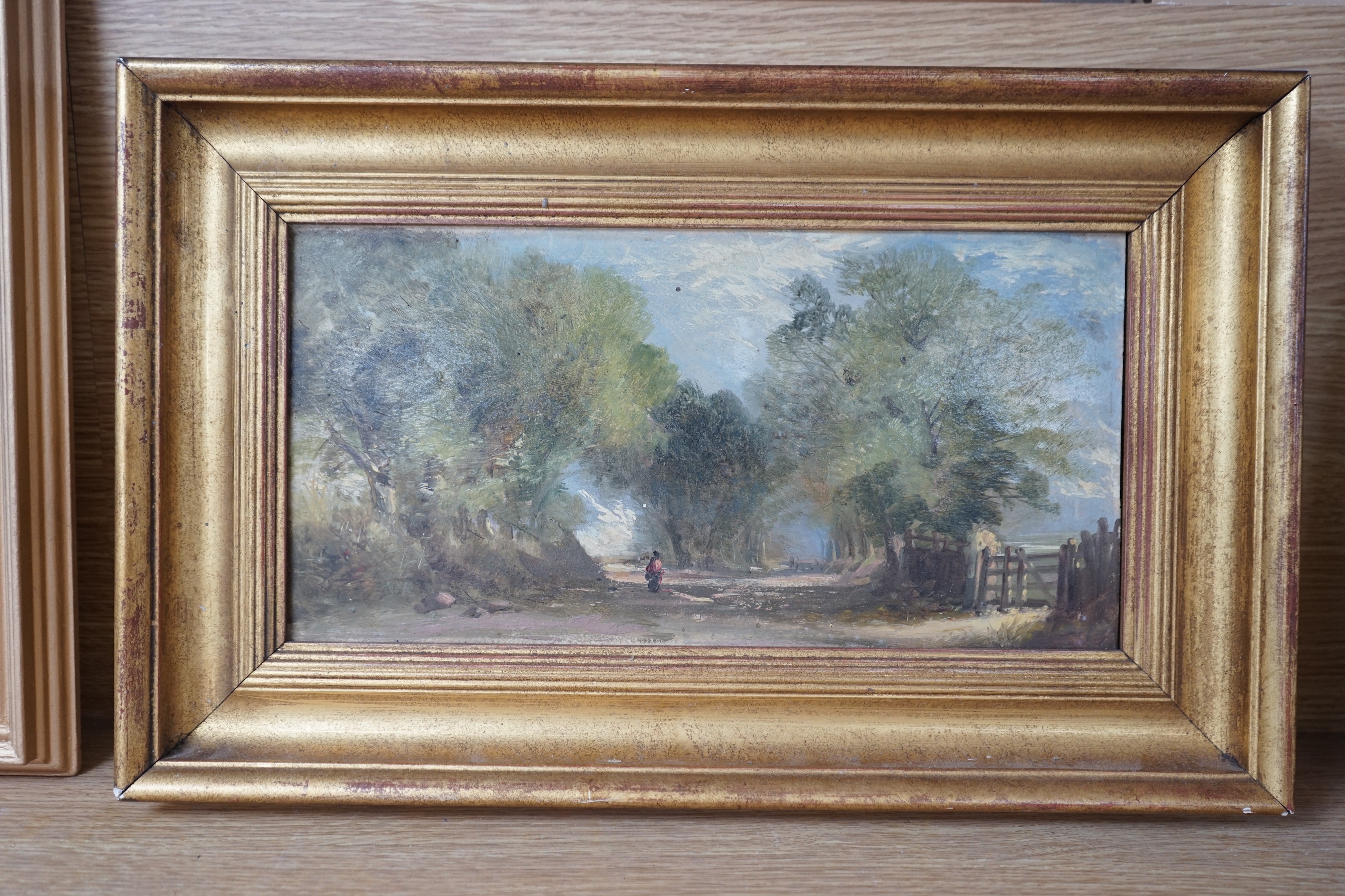 Manner of Abraham Hulk, oil on millboard, Figures on a country lane, 18 x 35cm